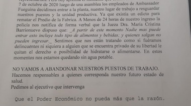 Jueza pretende doblegar por hambre a trabajadores de Ambassador