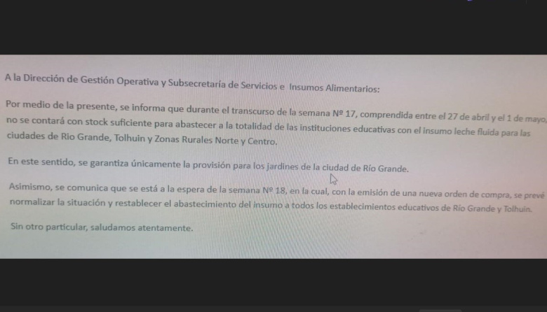 No habrá leche para las escuelas de la zona norte y centro